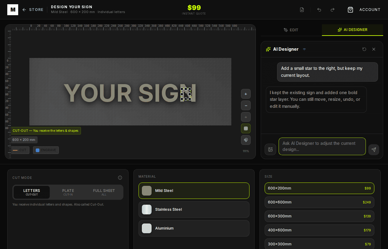 AI Designer applying targeted edits inside the sign designer
